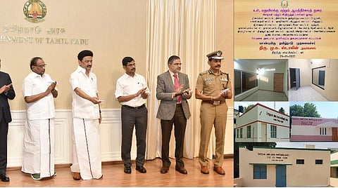 சிறைகள் மற்றும் சீர்திருத்தப் பணிகள் துறை சார்பில், 12 மாவட்ட சிறைகளில் கட்டப்பட்டுள்ள சோதனை அடையாள அணிவகுப்பு அறை கட்டிடங்களை முதல்வர் மு.க.ஸ்டாலின் காணொலியில் நேற்று திறந்து வைத்தார். உடன், சட்டத் துறை அமைச்சர் எஸ்.ரகுபதி, தலைமைச் செயலர் வெ.இறையன்பு, உள்துறை செயலர் க.பணீந்திர ரெட்டி, டிஜிபி சைலேந்திரபாபு உள்ளிட்டோர்.