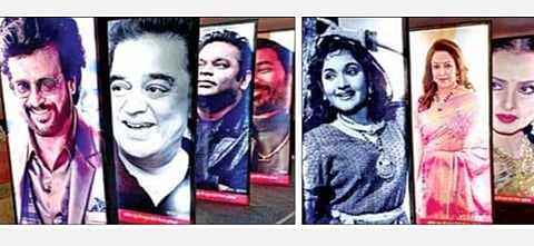 காசி தமிழ்ச் சங்கமத்தில் நடைபெறும் டிஜிட்டல் புகைப்பட கண்காட்சியில் இடம்பெற்றுள்ள தமிழ் நடிகர், நடிகைகளின் படங்கள்.