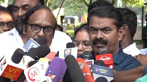 சென்னையில் செய்தியாளர்களிடம் பேசும் சீமான்