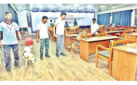 வேலூர் ஆட்சியர் அலுவலகத்தில் தமிழக முதல்வர் மு.க.ஸ்டாலின் 4 மாவட்ட ஆட்சியர்களுடன் ஆய்வு கூட்டம் நடைபெறவுள்ளது. இதையொட்டி, முன்னெச்சரிக்கை நடவடிக்கையாக மோப்பநாய் உதவியுடன் சோதனை யில் ஈடுபட்ட காவல்துறையினர். படம்: வி.எம்.மணிநாதன்.