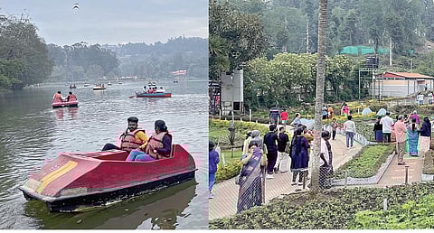 கொடைக்கானல் ஏரியில் படகு சவாரி செய்த சுற்றுலாப் பயணிகள். (அடுத்த படம்) பிரையன்ட் பூங்காவில் குவிந்த சுற்றுலாப் பயணிகள்.