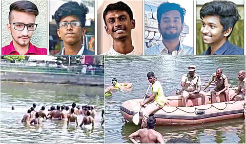 சென்னை மூவரசம்பட்டு கோயில் குளத்தில் நேற்று நடந்த தீர்த்தவாரி நிகழ்ச்சியின்போது, 5 இளம் அர்ச்சகர்கள் நீரில் மூழ்கி உயிரிழந்தனர். அர்ச்சகர் ஒருவர் நீரில் மூழ்கி தத்தளிப்பது வட்டமிட்டு காட்டப்பட்டுள்ளது. (அடுத்த படம்) மீட்பு பணியில் ஈடுபட்ட தீயணைப்பு வீரர்கள், பொதுமக்கள்.படங்கள்: எம்.முத்துகணேஷ்