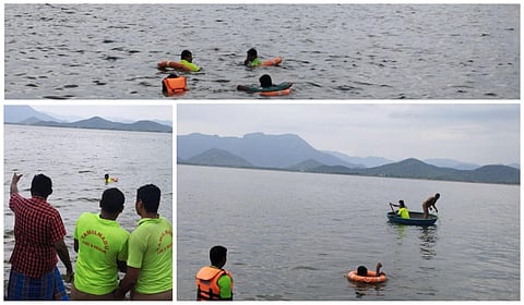 மேட்டூர் பண்ணவாடி காவிரி ஆற்றில் மூழ்கிய தொழிலாளியை தேடும் பணியில் ஈடுபட்ட தீயணைப்பு துறையினர்