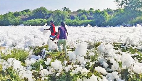 ரசாயன கழிவு நீர் கலப்பால் ஓசூர் கெலவரப்பள்ளி அணையிலிருந்து வெளியேறும் நீர் நுரை பொங்க ஆற்றில் செல்கிறது. இதில், கரையில் தேங்கிய நுரையில் விளையாடிய சிறுவர்கள்.