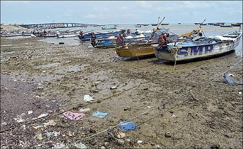 பாம்பன் வடக்குக் கடற்கரை பகுதியில் கடல் உள்வாங்கியதால் தரை தட்டி நிற்கும் நாட்டுப் படகுகள். படம்: எல்.பாலச்சந்தர்