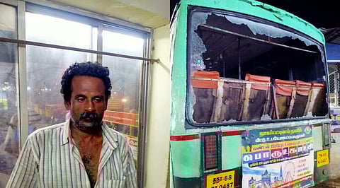 முதல் படம்: கைது செய்யப்பட்ட சுரேஷ் | இரண்டாம் படம்: பின்பக்க கண்ணாடி உடைக்கப்பட்ட அரசு பேருந்து