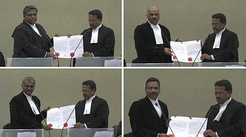 சென்னை உயர் நீதிமன்றத்தின் புதிய கூடுதல் நீதிபதிகளாக நியமிக்கப்பட்டுள்ள ஆர்.சக்திவேல், பி.தனபால், சி.குமரப்பன், கே.ராஜசேகர் ஆகியோருக்கு உயர் நீதிமன்ற பொறுப்பு தலைமை நீதிபதி டி.ராஜா நேற்று பதவிப்பிரமாணம் செய்து வைத்தார். படங்கள்: ம.பிரபு