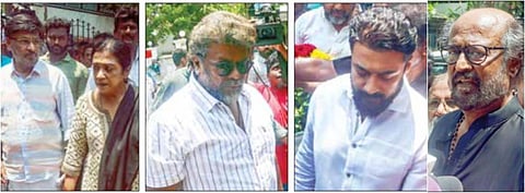 உடல்நலக்குறைவால் மரணமடைந்த சரத்பாபுவின் உடலுக்கு நடிகர்கள் ரஜினிகாந்த், பாக்யராஜ் - பூர்ணிமா, பார்த்திபன், சூர்யா, கார்த்தி, ஒய்.ஜி.மகேந்திரன், இயக்குநர் சுரேஷ்கிருஷ்ணா உள்ளிட்டோர் தி.நகரில் உள்ள அவரது இல்லத்தில் அஞ்சலி செலுத்தினர். படங்கள்: பு.க.பிரவீன்