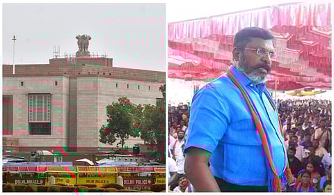 புதிய நாடாளுமன்ற கட்டிடம் (இடது), திருமாவளவன் (வலது)