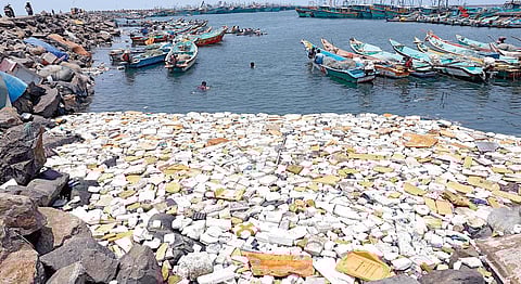 சென்னை காசிமேடு மீன்பிடி துறைமுகம் பகுதியில் அகற்றப்படாமல் தேங்கி கிடக்கும் குப்பைகள்.படம்:எஸ்:சத்தியசீலன்.