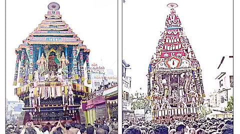 காஞ்சிபுரம் வரதராஜ சுவாமி கோயில் பிரம்மோற்சவத்தின் 7-ம் நாளான நேற்று தேரோட்டம் நடைபெற்றது. (அடுத்த படம்) மீஞ்சூர் வரதராஜ பெருமாள் கோயிலில் நேற்று நடைபெற்ற தேர்த் திருவிழாவில், திரளான பக்தர்கள் பங்கேற்று தேரை வடம் பிடித்து இழுத்தனர்.