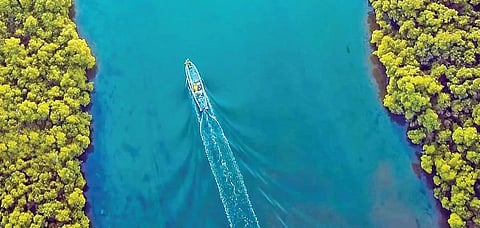 ஏர்வாடி அருகே பிச்சை மூப்பன் வலசையில் உள்ள மணல் திட்டு தீவில் படகு சவாரி.