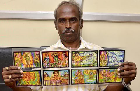 64 திருவிளையாடல் காட்சிகளை அஞ்சல் அட்டையில் ஓவியமாக்கிய மதுரை ஆசிரியர்