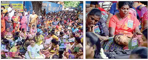 காலமுறை ஊதியம் உள்ளிட்ட பல்வேறு கோரிக்கைகளை வலியுறுத்தி சென்னை சேப்பாக்கத்தில் நேற்று உண்ணாவிரதப் போராட்டத்தில் ஈடுபட்ட தமிழ்நாடு சத்துணவு ஊழியர் சங்கத்தினர். (அடுத்த படம்) சோர்வு காரணமாக மயங்கும் நிலைக்குச் சென்ற ஊழியர்கள். படங்கள்: எஸ்.சத்தியசீலன்