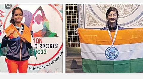 தாய்லாந்து நாட்டின் பாங்காக் நகரில் நடந்த ஆசிய யோகா போட்டியில் 2 தங்கம் வென்ற காமாட்சி. (அடுத்த படம்) வெண்கலம் வென்ற வில்வமுத்தீஸ்வரி.