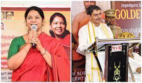 எம்.பி கனிமொழி (இடது) , ஆளுநர் ஆர்.என்.ரவி (வலது)