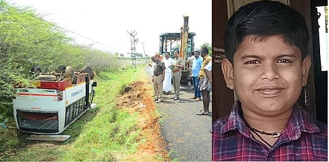 சிவகங்கை அருகே முளைக்குளம் என்ற இடத்தில் விபத்துக்களான பள்ளி வாகனம், உயிரிழந்த மாணவர் ஹரிவேலன்.