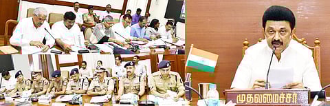 சட்டம் - ஒழுங்கு குறித்த ஆய்வுக் கூட்டம் முதல்வர் ஸ்டாலின் தலைமையில் சென்னை தலைமைச் செயலகத்தில் நேற்று நடந்தது. இதில், டிஜிபி சங்கர் ஜிவால், கூடுதல் டிஜிபிக்கள் அருண், மகேஷ்குமார் அகர்வால், சஞ்சய்குமார், காவல் ஆணையர்கள் சந்தீப்ராய் ரத்தோர் (சென்னை), அமல்ராஜ் (தாம்பரம்), சங்கர் (ஆவடி) பங்கேற்றனர்.