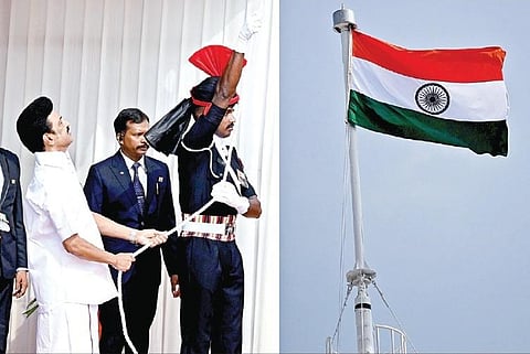 77-வது சுதந்திர தினத்தையொட்டி, சென்னை புனித ஜார்ஜ் கோட்டை கொத்தளத்தில் தேசியக் கொடியை ஏற்றிவைத்த முதல்வர் ஸ்டாலின்.படம்: ம.பிரபு