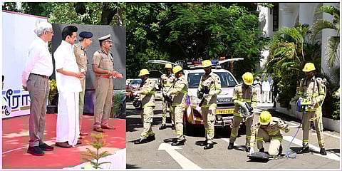 வீரா மீட்பு வாகன காவல்துறையினரின் செயல்முறை விளக்கத்தை பார்வையிடும் தமிழக முதல்வர் மு.க.ஸ்டாலின்.