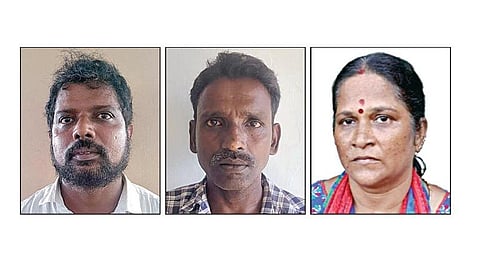 கைது செய்யப்பட்ட முகமது பக்ருதீன், ராமர், ராதா.