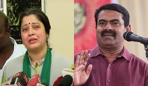 நடிகை விஜயலட்சுமி (இடது), சீமான் (வலது)