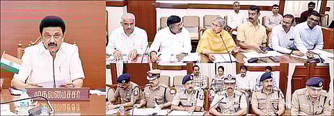 தமிழகத்தில் சட்டம் - ஒழுங்கு குறித்த ஆய்வுக் கூட்டம் முதல்வர் மு.க.ஸ்டாலின் தலைமையில் நேற்று நடைபெற்றது. இதில் தலைமைச் செயலர் சிவ்தாஸ் மீனா, உள்துறை செயலர் பெ.அமுதா, டிஜிபி சங்கர் ஜிவால், சென்னை, தாம்பரம், ஆவடி காவல் ஆணையர்கள் உள்ளிட்டோர் பங்கேற்றனர்.