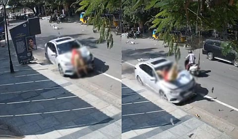 கார் மோதி பெண் படுகாயம்: கோவை விபத்து காட்சி வீடியோ வைரல்