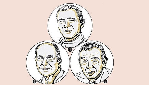 விருதாளர்கள்: 1. மௌங்கி பவெண்டி, 2. லூயிஸ் புரூஸ், 3. அலெக்ஸி எகிமோவ்; படங்கள்: Nobelprize.org