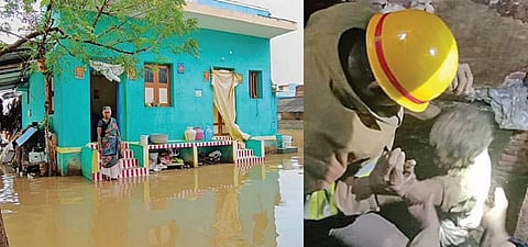 ராஜபாளையம் அருகே அழகாபுரி கிராமத்தில் வீடுகளை சூழ்ந்த மழைநீர். (வலது) ஸ்ரீவில்லிபுத்தூர் அருகே மம்சாபுரத்தில் இடிந்து விழுந்த வீட்டிலிருந்து முதியவரை மீட்ட தீயணைப்புத் துறையினர்