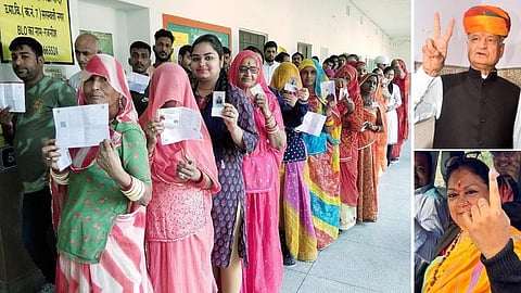 ராஜஸ்தானில் நேற்று நடைபெற்ற சட்டப் பேரவை தேர்தலில் வாக்களிப்பதற்காக நீண்ட வரிசையில் காத்திருந்த வாக்காளர்கள். (அடுத்த படம்) ஜோத்பூரில் வாக்களித்த ராஜஸ்தான் முதல்வர் அசோக் கெலாட் வெற்றிச் சின்னத்தை காட்டுகிறார். ஜலாவர் பகுதியில் வாக்களித்த முன்னாள் முதல்வர் வசுந்தரா ராஜே, மையிடப்பட்ட விரலை காட்டுகிறார்.