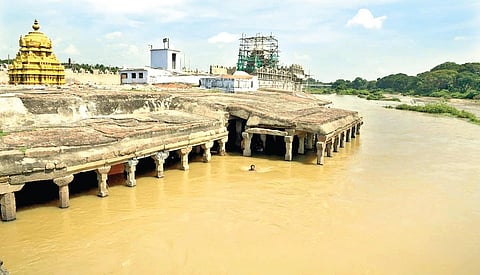 திருநெல்வேலி குறுக்குத்துறை முருகன் கோயில் மண்டபங்களை மூழ்கடிக்கும் அளவுக்கு தாமிரபரணியில் பாய்ந்தோடிய வெள்ளம்.
படங்கள்: மு.லெட்சுமி அருண்.