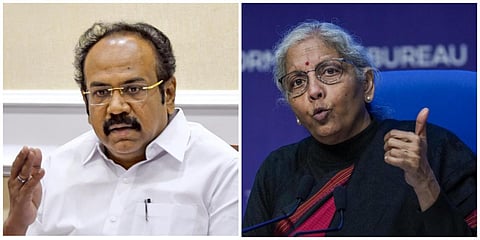 தமிழக அமைச்சர் தங்கம் தென்னரசு (இடது) , மத்திய நிதி அமைச்சர் நிர்மலா சீதாராமன் (வலது)