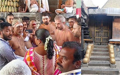 சிதம்பரம் நடராஜர் கோவிலில் தில்லைக்காளியம்மன் கோவில் செயல் அலுவலர் சரண்யா,சிதம்பரம் திருக்கோயில்களின் வட்டார ஆய்வாளர் நரசிங்கபெருமாள் ஆகியோர் கோவில் பொது தீட்சிதர்களிடம் பேச்சு வார்த்தை நடத்தினர். : அடுத்த படம்: சிதம்பரம் நடராஜர் கோவிலில் கனகசபை வாயில் மூடப்பட்டுள்ளது.