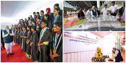 திருச்சி பாரதிதாசன் பல்கலைக்கழக பட்டமளிப்பு விழா மற்றும் விமான நிலையத்தின் புதிய முனைய திறப்பு விழாவில் கலந்துகொண்ட பிரதமர் மோடிக்கு உற்சாக வரவேறப்பு அளிக்கப்பட்டது.