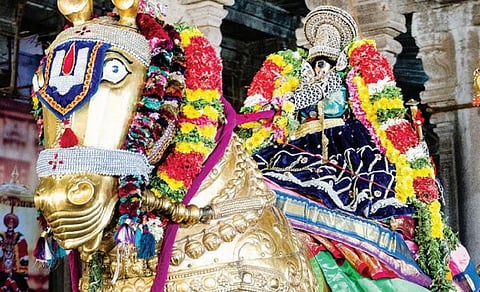 ஸ்ரீரங்கம் ரங்கநாதர் கோயிலில் பாரி வேட்டையை முன்னிட்டு தங்க குதிரை வாகனத்தில் வீதி உலா வந்த நம்பெருமாள்.
