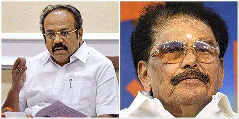 அமைச்சர் தங்கம் தென்னரசு (இடது), அமைச்சர் கே.கே.எஸ்.எஸ்.ஆர்.ராமசந்திரன் (வலது)