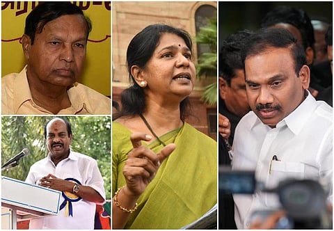 டி.ஆர்.பாலு, ஜெகத்ரட்சகன், கனிமொழி, ஆ.ராசா (இடமிருந்து வலமாக)