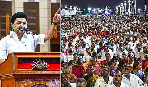 திருச்சி பிரச்சாரப் பொதுக் கூட்டத்தில் முதல்வர் ஸ்டாலின் உரையாற்றினார். | படங்கள்: ஆர்.செல்வா