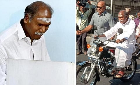 புதுச்சேரி: 11 மணிக்கு 28.1% வாக்குப்பதிவு; இருசக்கர வாகனத்தில் வந்து வாக்களித்த முதல்வர் ரங்கசாமி