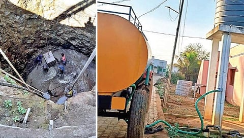 திருப்பத்தூர் மாவட்டம் ஏலகிரி மலையில் உள்ள தரை கிணற்றில் தண்ணீர் இல்லாமல் வறண்டு காணப்படுகிறது. (அடுத்தப்படம்) கடும் தண்ணீர் தட்டுப்பாடு நிலவுவதால் ஊராட்சி மன்ற நிர்வாகம் பணம் கொடுத்து தண்ணீரை விலைக்கு வாங்கி அதை மேல்நிலை நீர்த்தேக்க தொட்டியில் ஏற்றி பிறகு குழாய் வழியாக மக்களுக்கு விநியோகம் செய்யப்படுகிறது.