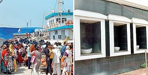 கன்னியாகுமரியில் கோடை சீஸனை முன்னிட்டு கடும் வெயிலையும் பொருட்படுத்தாமல் விவேகானந்தர் பாறைக்கு செல்வதற்காக படகு தளத்தில் குவிந்துள்ள சுற்றுலா பயணிகள். (அடுத்த படம்) கன்னியாகுமரியில் படகு தளத்துக்கு செல்லும் வழியில் அமைக்கப்பட்டுள்ள குடிநீர் குழாய்கள் காட்சிப் பொருளாக உள்ளன.