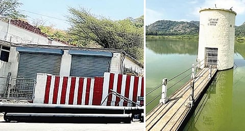 பழநி நகராட்சி சார்பில் குடிநீர் கொண்டு செல்வதற்காக கிரி வீதியில் வைக்கப்பட்டுள்ள ராட்சத குழாய்கள் ( அடுத்த படம் ) பழநி நகராட்சி கோடை கால நீர்த்தேக்கம்.