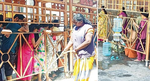 திருவண்ணாமலை அண்ணாமலையார் கோயிலில் வரிசையில் காத்திருந்த பக்தர்களின் பாதங்களை வெப்பத்தில் இருந்து பாதுகாக்க குழாய் மூலம் தண்ணீர் ஊற்றிய கோயில் ஊழியர். (அடுத்த படம்) பக்தர்களின் தாகக்தை தணிக்க குடிநீர் வைக்கப்பட்டுள்ளது.