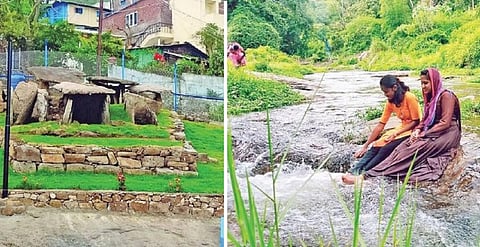 பேத்துப்பாறை மலை கிராமத்தில் உள்ள சுற்றுலா பயணிகள் காண வேண்டிய ஆதி மனிதன் கற்திட்டை. ( வலது ) கொடைக்கானல் அருகே பள்ளங்கி மலை கிராமத்தில் உள்ள சுற்றுலாத்தலமான ‘ரிவர் வாக்’ பகுதி. கோப்பு படம்.