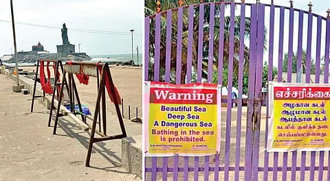 கன்னியாகுமரி முக்கடல் சங்கமம் கடற்கரைக்கு செல்லும் வழியில் நேற்று தடுப்பு வேலிகள் அமைக்கப்பட்டு, சுற்றுலா பயணிகள் செல்ல தடை விதிக்கப்பட்டிருந்தது. (வலது) பயிற்சி மருத்துவர்கள் உயிரிழந்த லெமூர் கடற்கரைக்கு செல்லும் வழி அடைக்கப்பட்டு, எச்சரிக்கை வாசகம் ஒட்டப்பட்டிருந்தது.