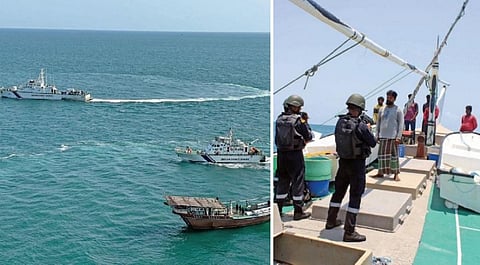 அரபிக் கடலில் தமிழக மீனவர்களை படகுடன் மீட்ட இந்திய கடலோரக் காவல்படை ரோந்து கப்பல்கள். (வலது) இந்திய கடலோர காவல்படையினரால் மீட்கப்பட்ட 6 தமிழக மீனவர்கள்.