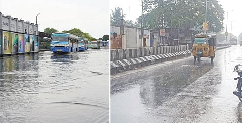 திடீர் மழையால் மழைநீர் சூழ்ந்த விழுப்புரம் புதிய பேருந்து நிலையம். ( அடுத்தப்படம் ) கடலூரில் திடீரென பெய்த கோடை மழையில் நனைந்தபடி செல்லும் வாகன ஓட்டிகள்.