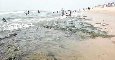 திருச்செந்தூர் கோயில் கடற்கரை பகுதியில் நேற்று உள்வாங்கி காணப்பட்ட கடல்.