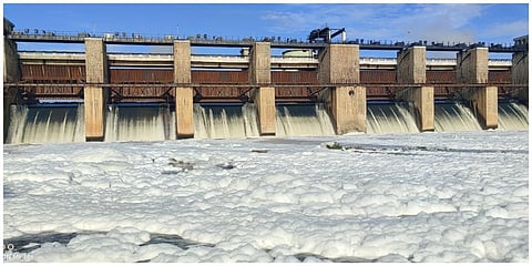 கெலவரப்பள்ளி அணையிலிருந்து வெளியேறும் தண்ணீருடன் ரசாயன கழிவு நீர் கலந்து நுரை பொங்கி செல்கிறது.